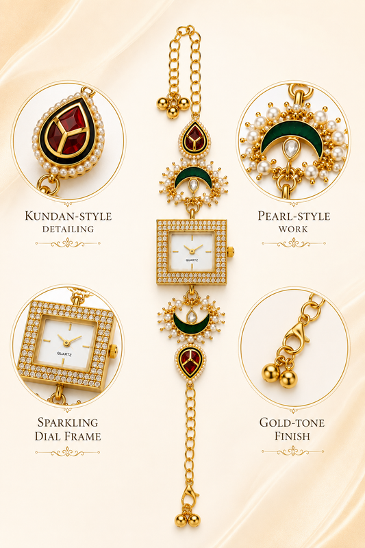Women’s Gold-Tone Kundan-Style Bracelet Watch with Pearl Accents