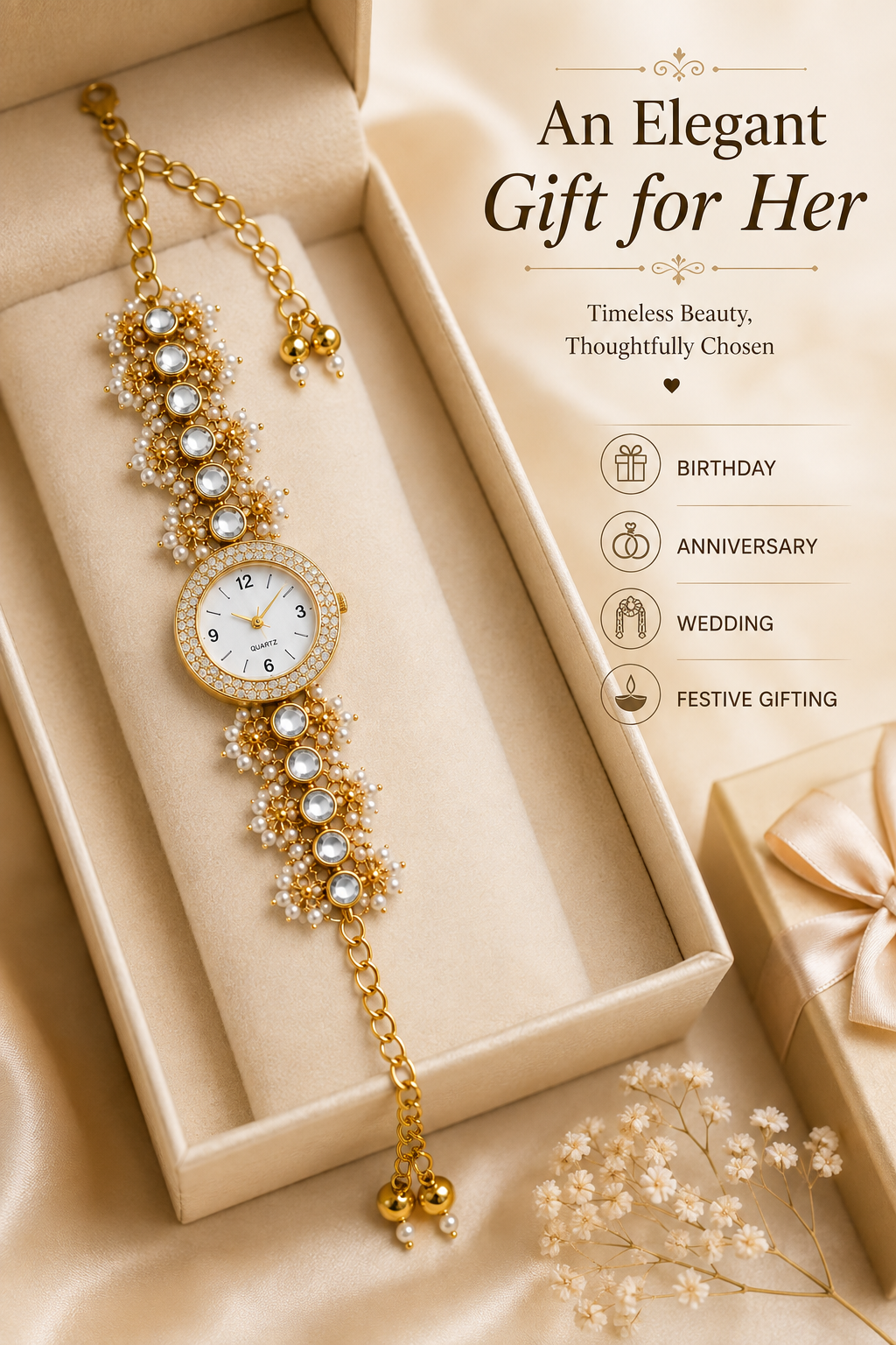 Women’s Gold-Tone Kundan-Style Bracelet Watch with Pearl Accents