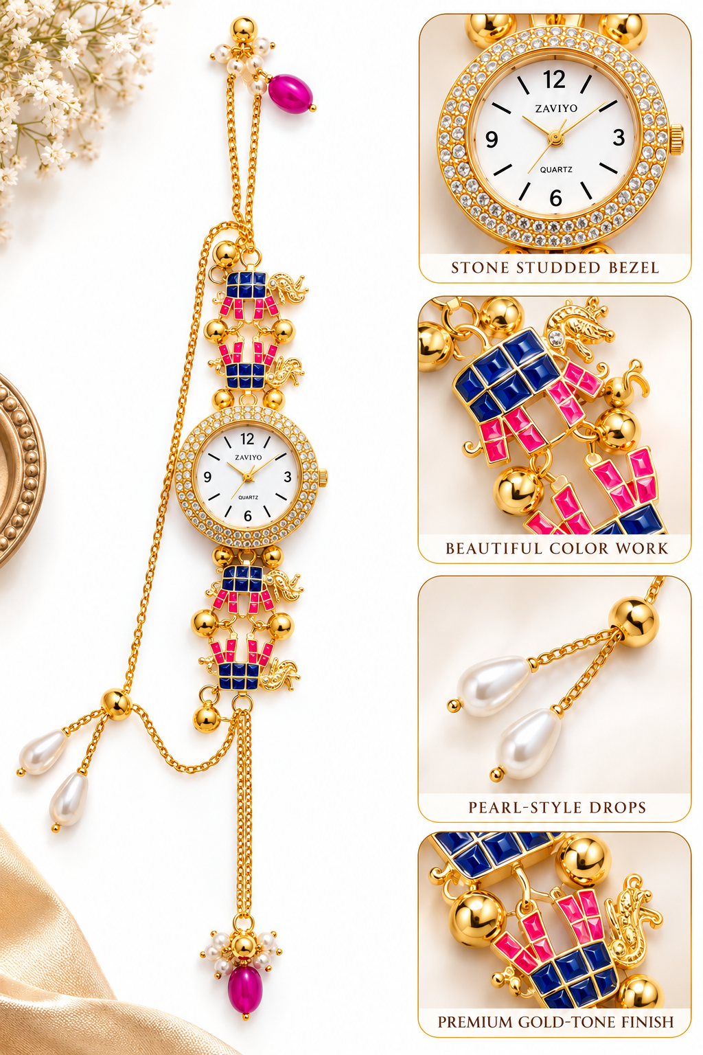 Women’s Gold-Tone Elephant Motif Bracelet Watch with Decorative Chains