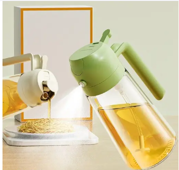 2-in-1 Oil Sprayer & Dispenser Bottle – Refillable Glass Cooking Oil Spray Bottle with Handle