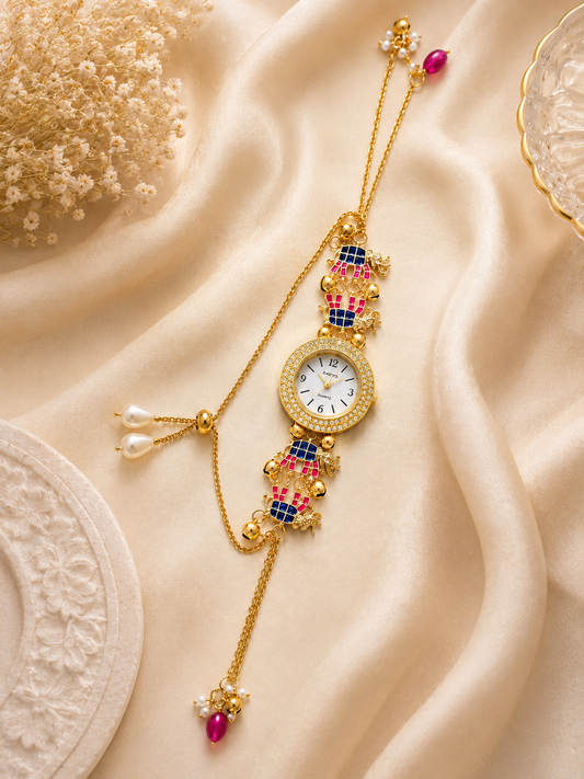 Women’s Gold-Tone Elephant Motif Bracelet Watch with Decorative Chains