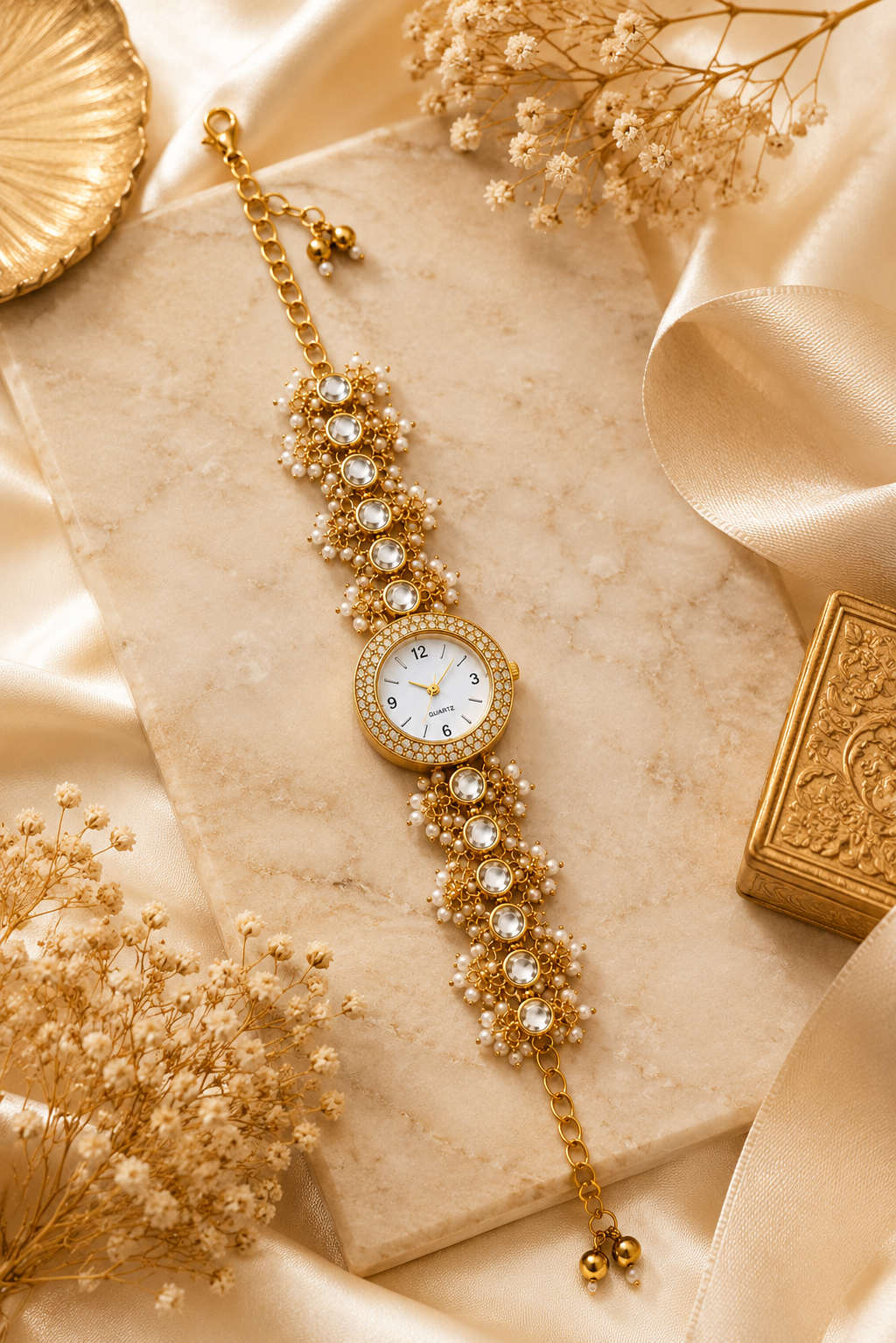 Women’s Gold-Tone Kundan-Style Bracelet Watch with Pearl Accents