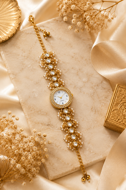 Women’s Gold-Tone Kundan-Style Bracelet Watch with Pearl Accents