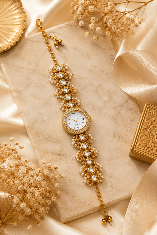 Women’s Gold-Tone Kundan-Style Bracelet Watch with Pearl Accents