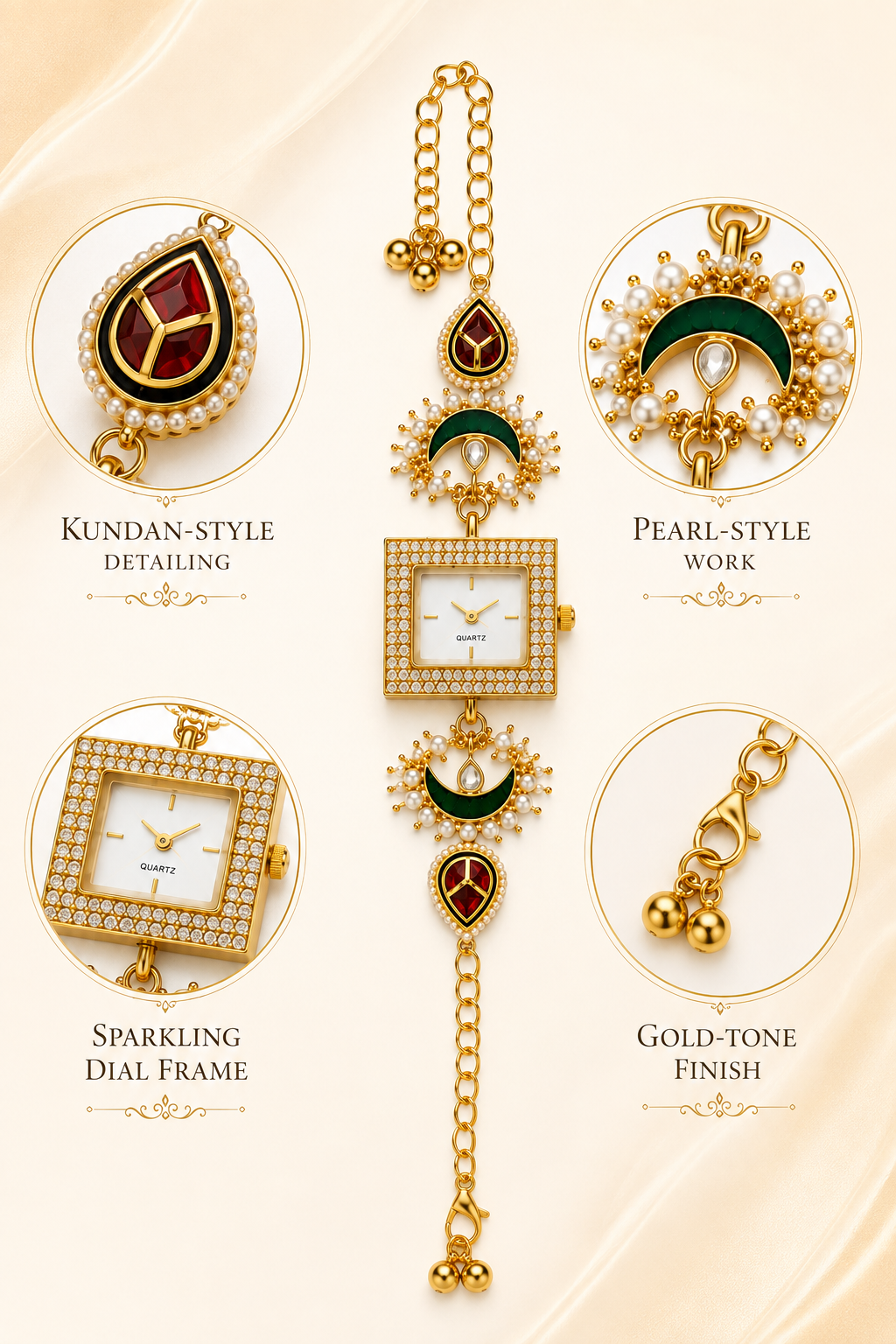 Women’s Gold-Tone Kundan-Style Bracelet Watch with Pearl Accents