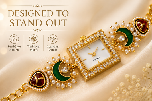 Women’s Gold-Tone Kundan-Style Bracelet Watch with Pearl Accents