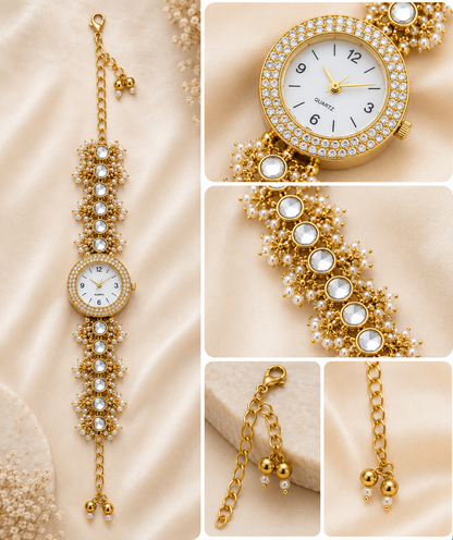 Women’s Gold-Tone Kundan-Style Bracelet Watch with Pearl Accents