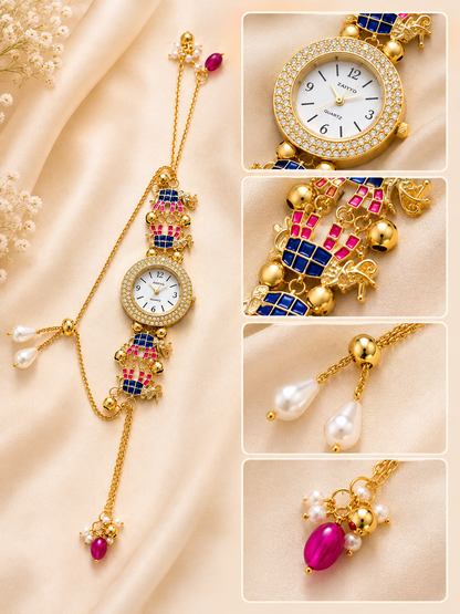 Women’s Gold-Tone Elephant Motif Bracelet Watch with Decorative Chains
