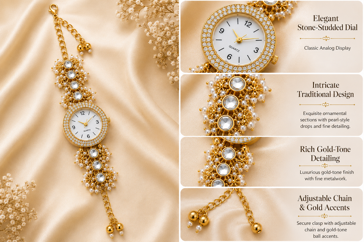 Women’s Gold-Tone Kundan-Style Bracelet Watch with Pearl Accents
