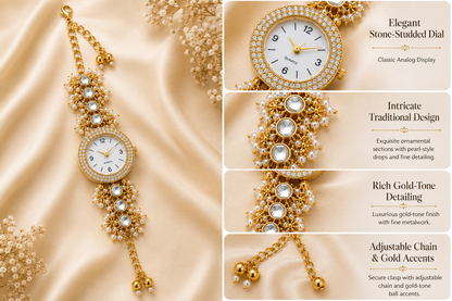 Women’s Gold-Tone Kundan-Style Bracelet Watch with Pearl Accents
