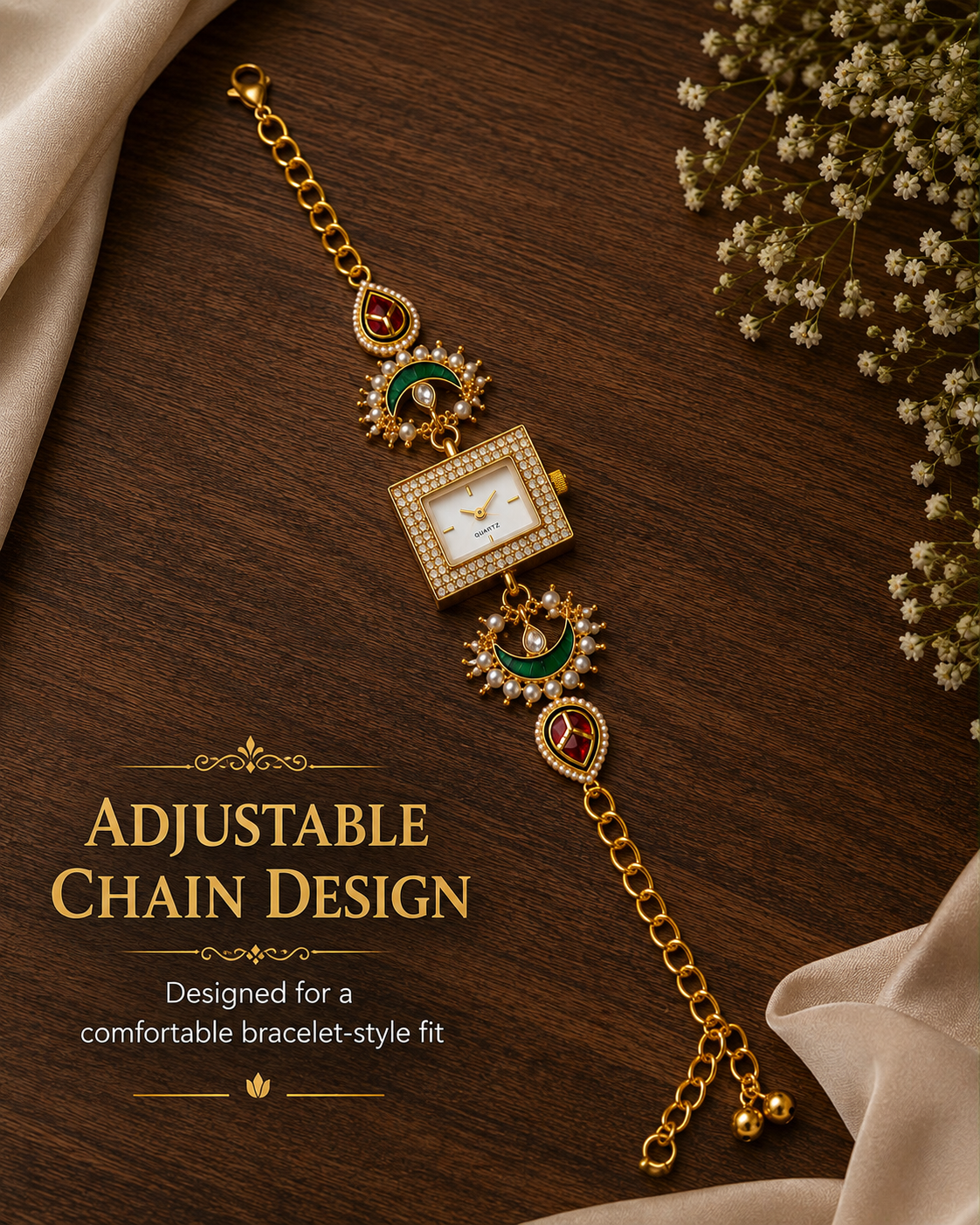Women’s Gold-Tone Kundan-Style Bracelet Watch with Pearl Accents