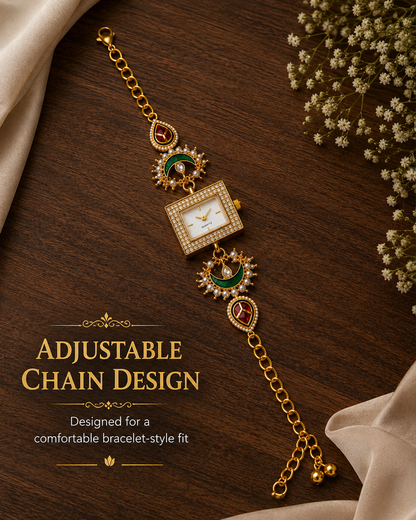 Women’s Gold-Tone Kundan-Style Bracelet Watch with Pearl Accents