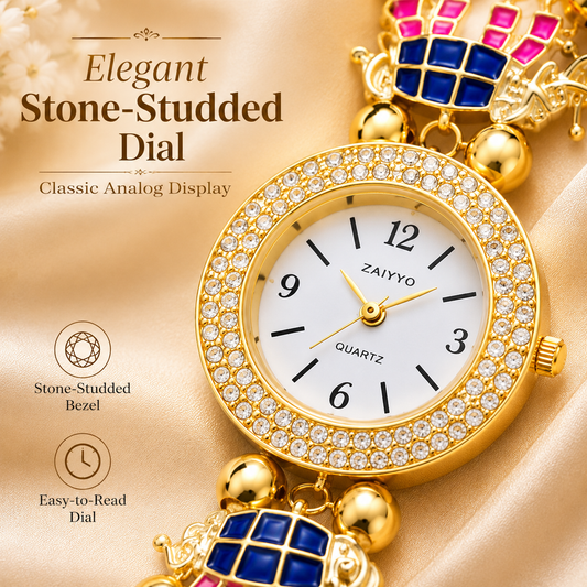 Women’s Gold-Tone Elephant Motif Bracelet Watch with Decorative Chains