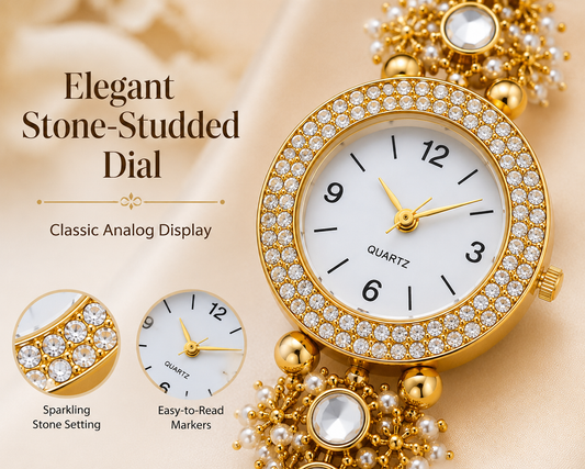 Women’s Gold-Tone Kundan-Style Bracelet Watch with Pearl Accents