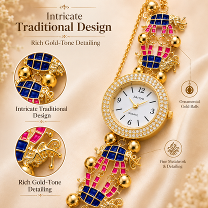 Women’s Gold-Tone Elephant Motif Bracelet Watch with Decorative Chains