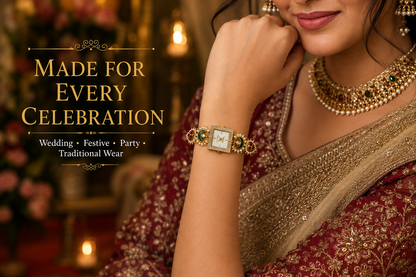 Women’s Gold-Tone Kundan-Style Bracelet Watch with Pearl Accents
