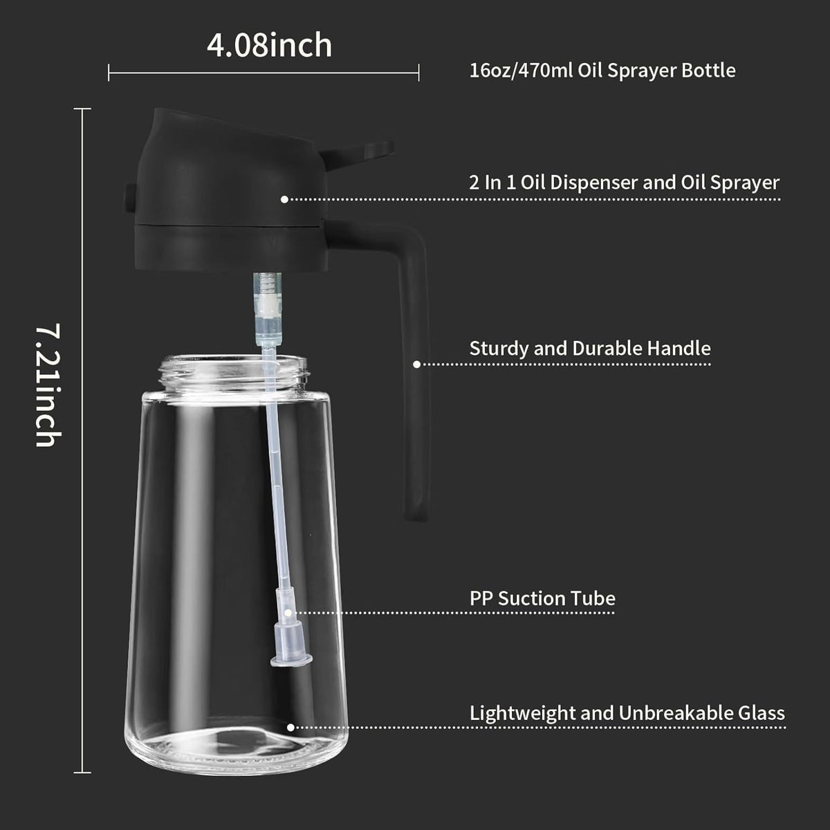 2-in-1 Oil Sprayer & Dispenser Bottle – Refillable Glass Cooking Oil Spray Bottle with Handle