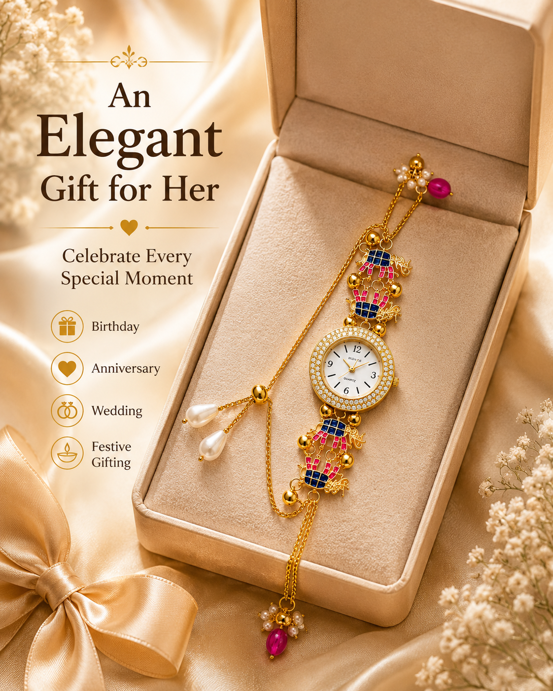Women’s Gold-Tone Elephant Motif Bracelet Watch with Decorative Chains