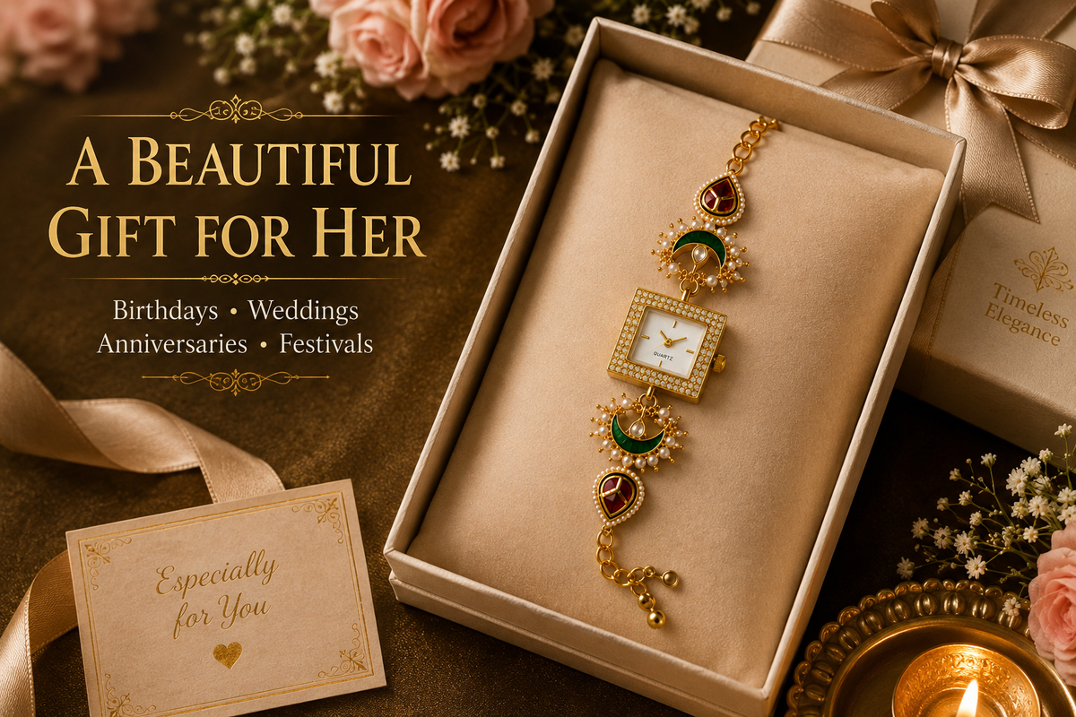 Women’s Gold-Tone Kundan-Style Bracelet Watch with Pearl Accents