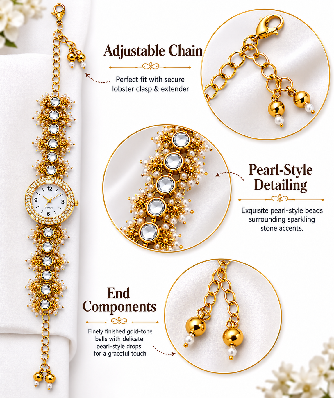 Women’s Gold-Tone Kundan-Style Bracelet Watch with Pearl Accents