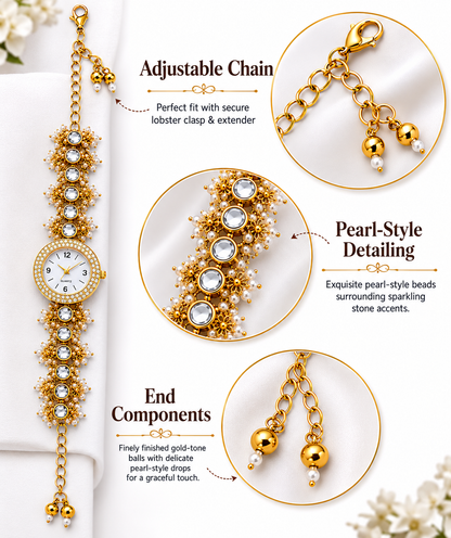 Women’s Gold-Tone Kundan-Style Bracelet Watch with Pearl Accents