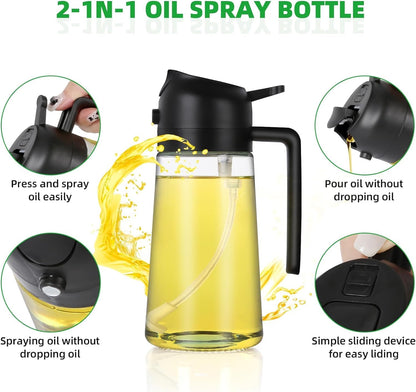 2-in-1 Oil Sprayer & Dispenser Bottle – Refillable Glass Cooking Oil Spray Bottle with Handle
