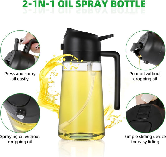 2-in-1 Oil Sprayer & Dispenser Bottle – Refillable Glass Cooking Oil Spray Bottle with Handle