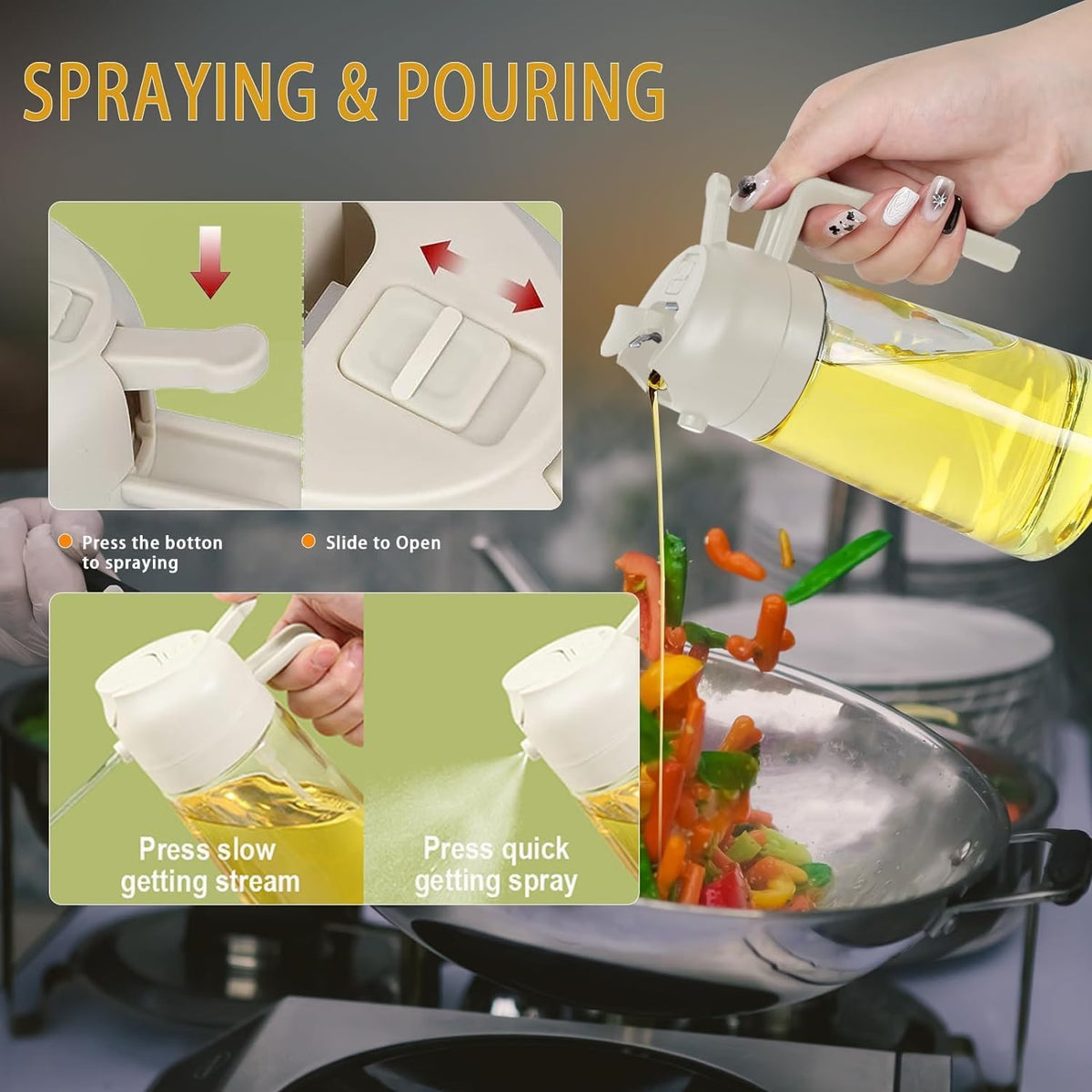 2-in-1 Oil Sprayer & Dispenser Bottle – Refillable Glass Cooking Oil Spray Bottle with Handle