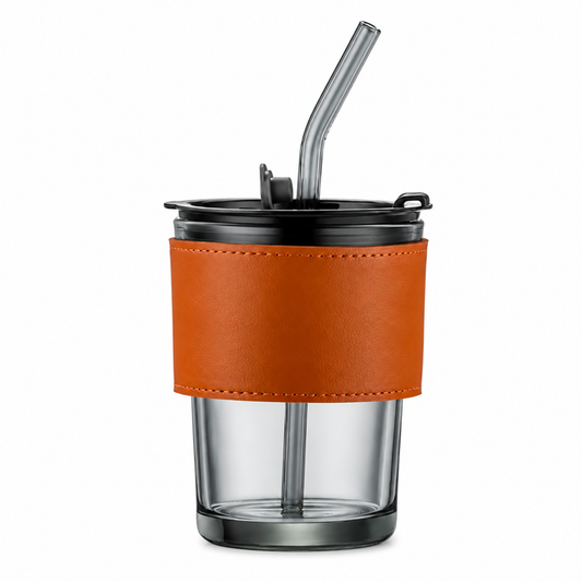 Transparent Tumbler with Glass Straw – 435 ml, Brown Sleeve