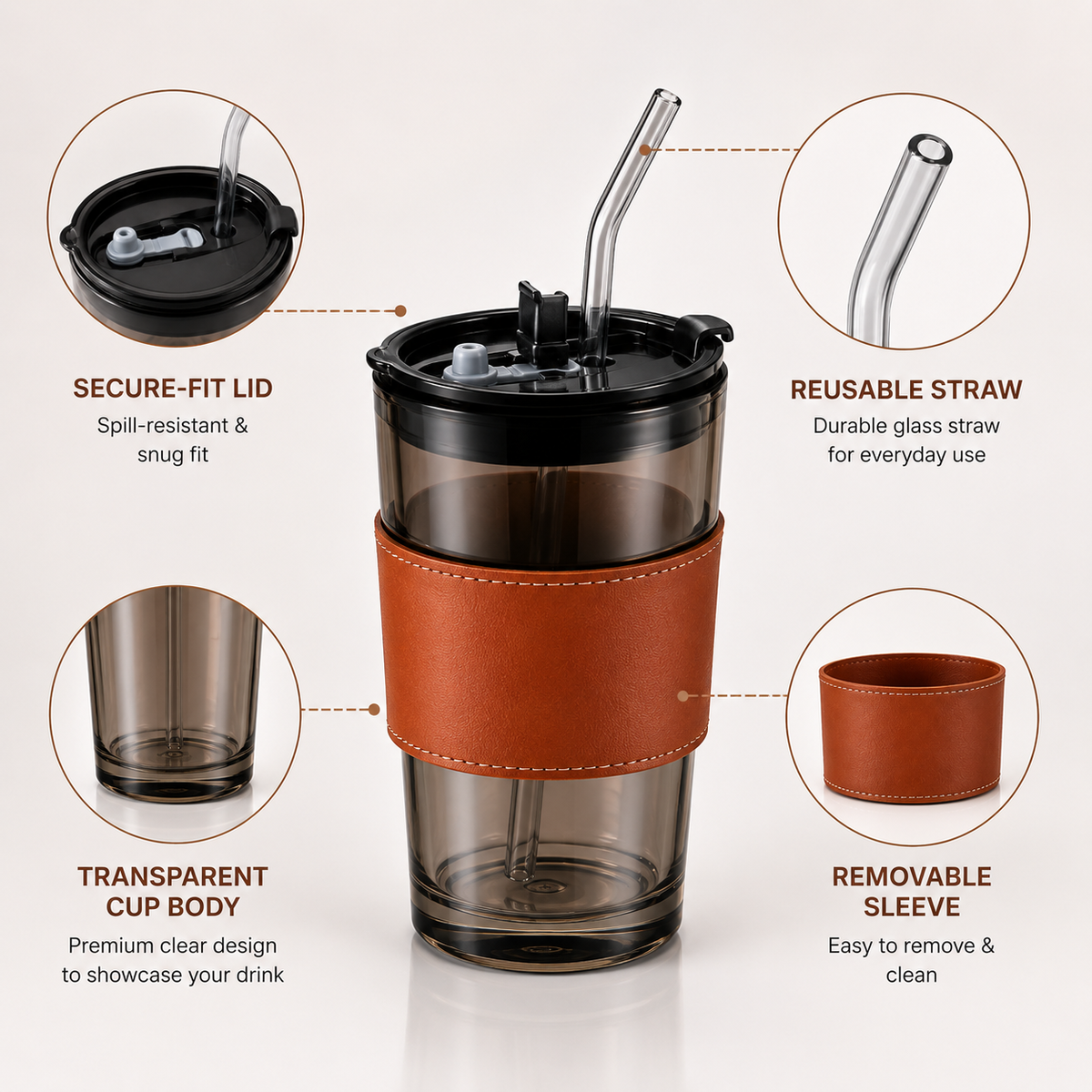Transparent Tumbler with Glass Straw – 435 ml, Brown Sleeve