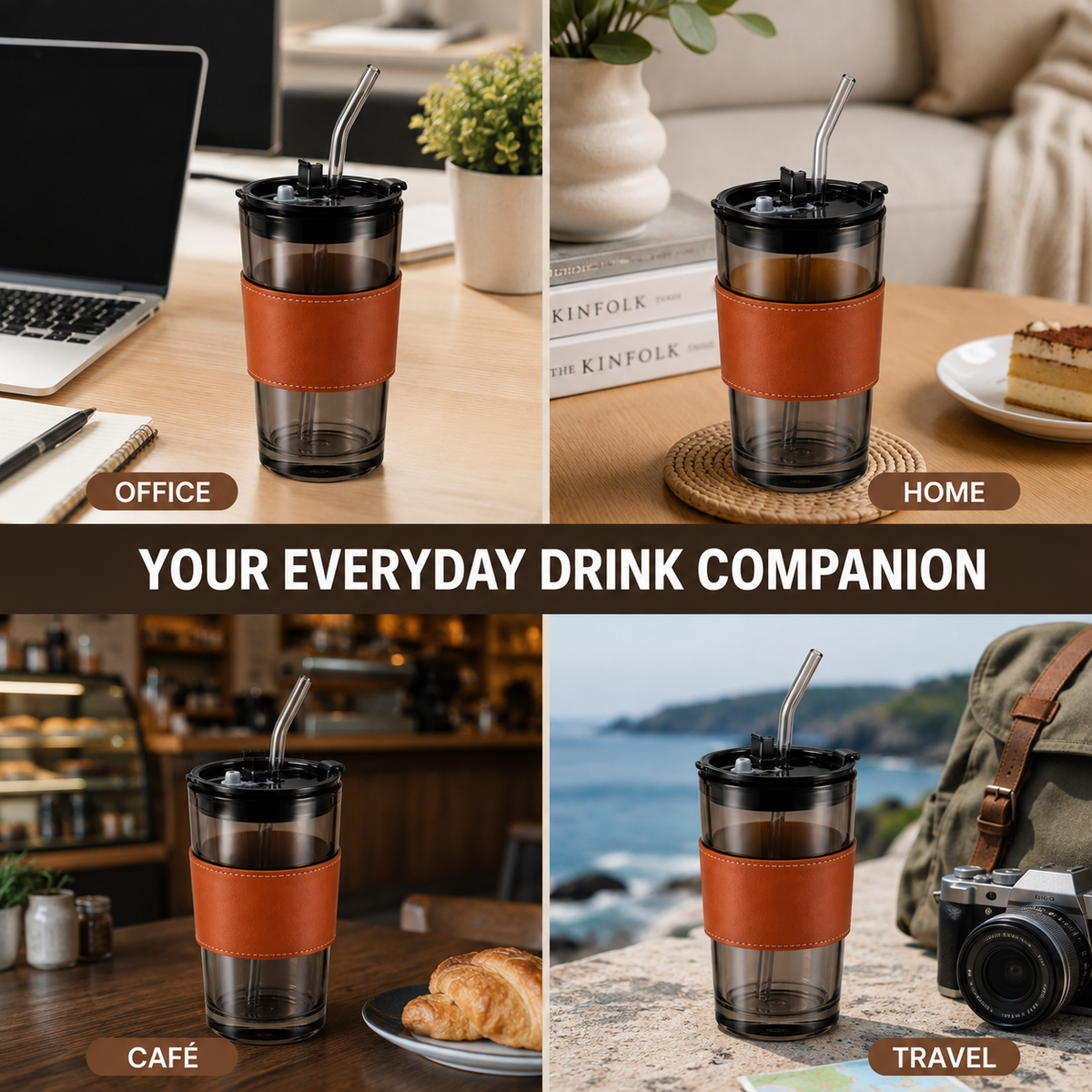 Transparent Tumbler with Glass Straw – 435 ml, Brown Sleeve