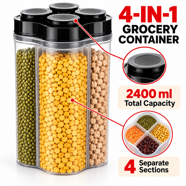 Generic 4-in-1 Plastic Grocery Storage Container with Separate Compartments and Airtight Lids, 2400 ml
