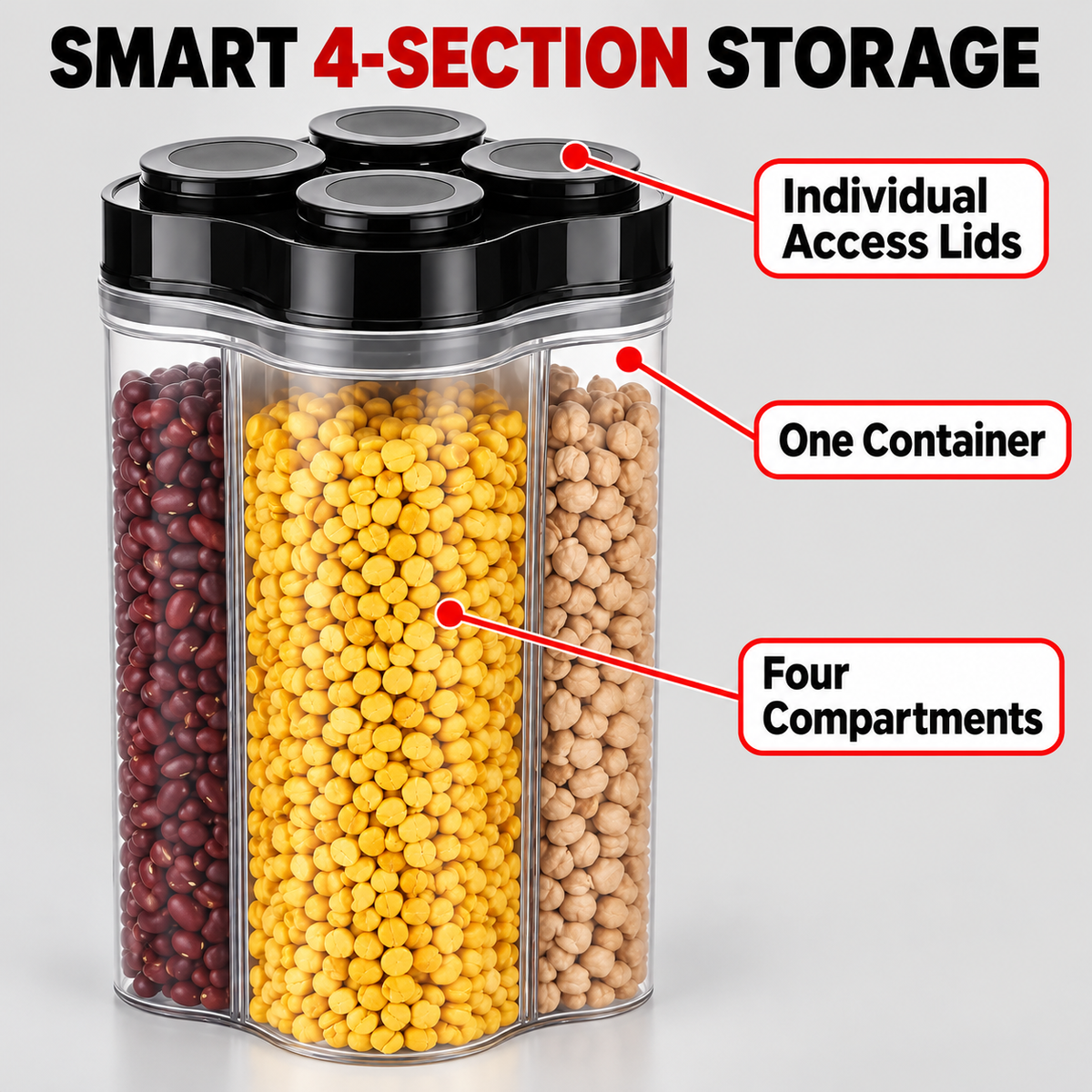 Generic 4-in-1 Plastic Grocery Storage Container with Separate Compartments and Airtight Lids, 2400 ml