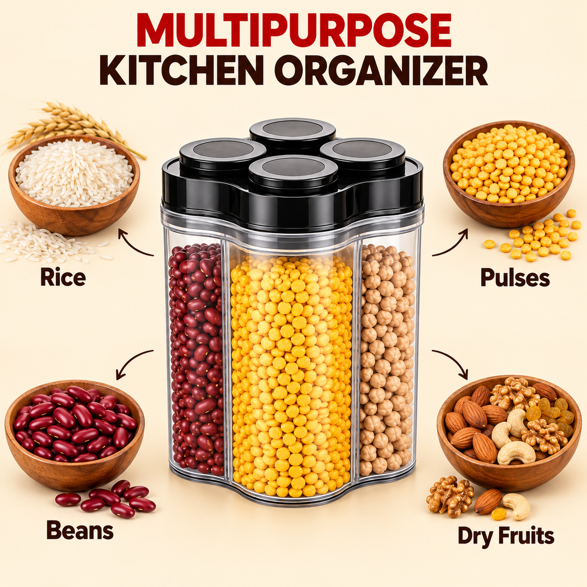 Generic 4-in-1 Plastic Grocery Storage Container with Separate Compartments and Airtight Lids, 2400 ml