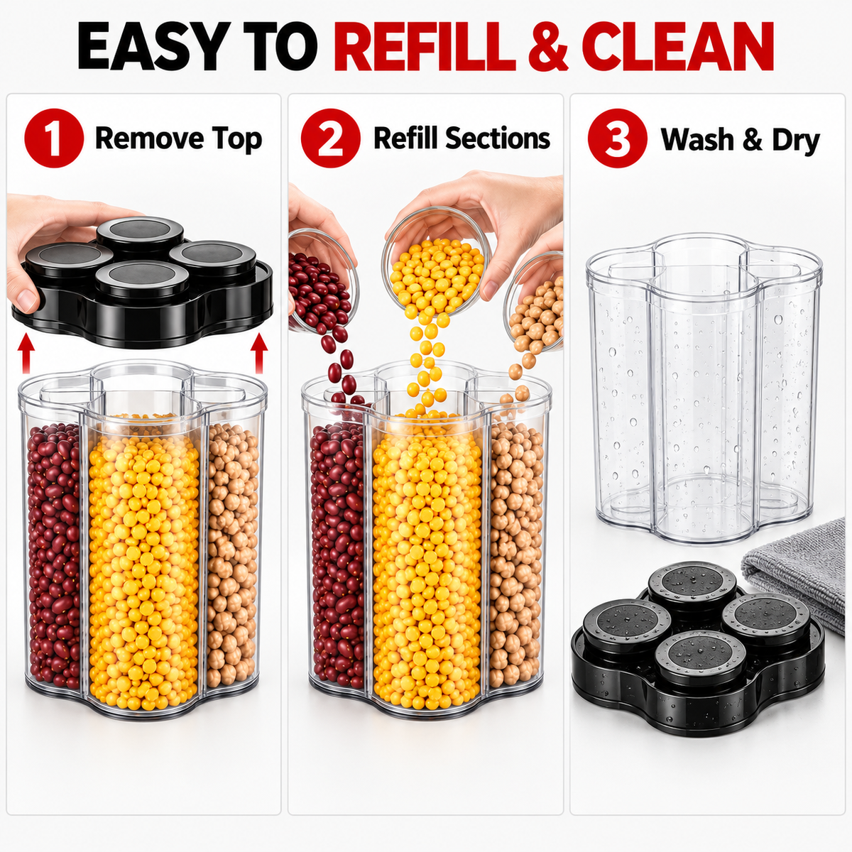 Generic 4-in-1 Plastic Grocery Storage Container with Separate Compartments and Airtight Lids, 2400 ml