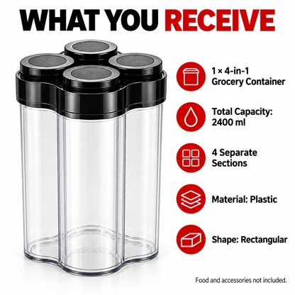 Generic 4-in-1 Plastic Grocery Storage Container with Separate Compartments and Airtight Lids, 2400 ml