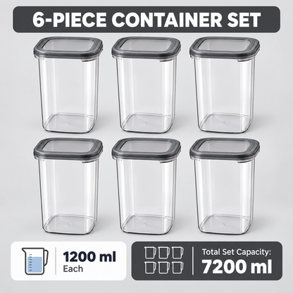 Generic Plastic Grocery Storage Containers with Snap Caps, 1200 ml Each, Set of 6