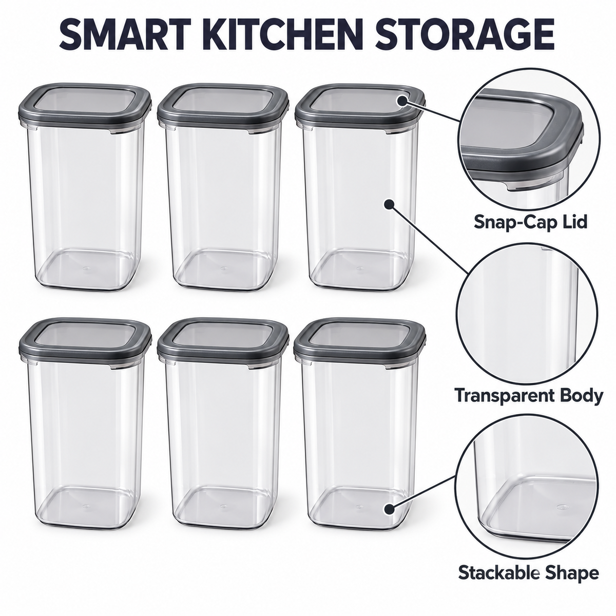 Generic Plastic Grocery Storage Containers with Snap Caps, 1200 ml Each, Set of 6