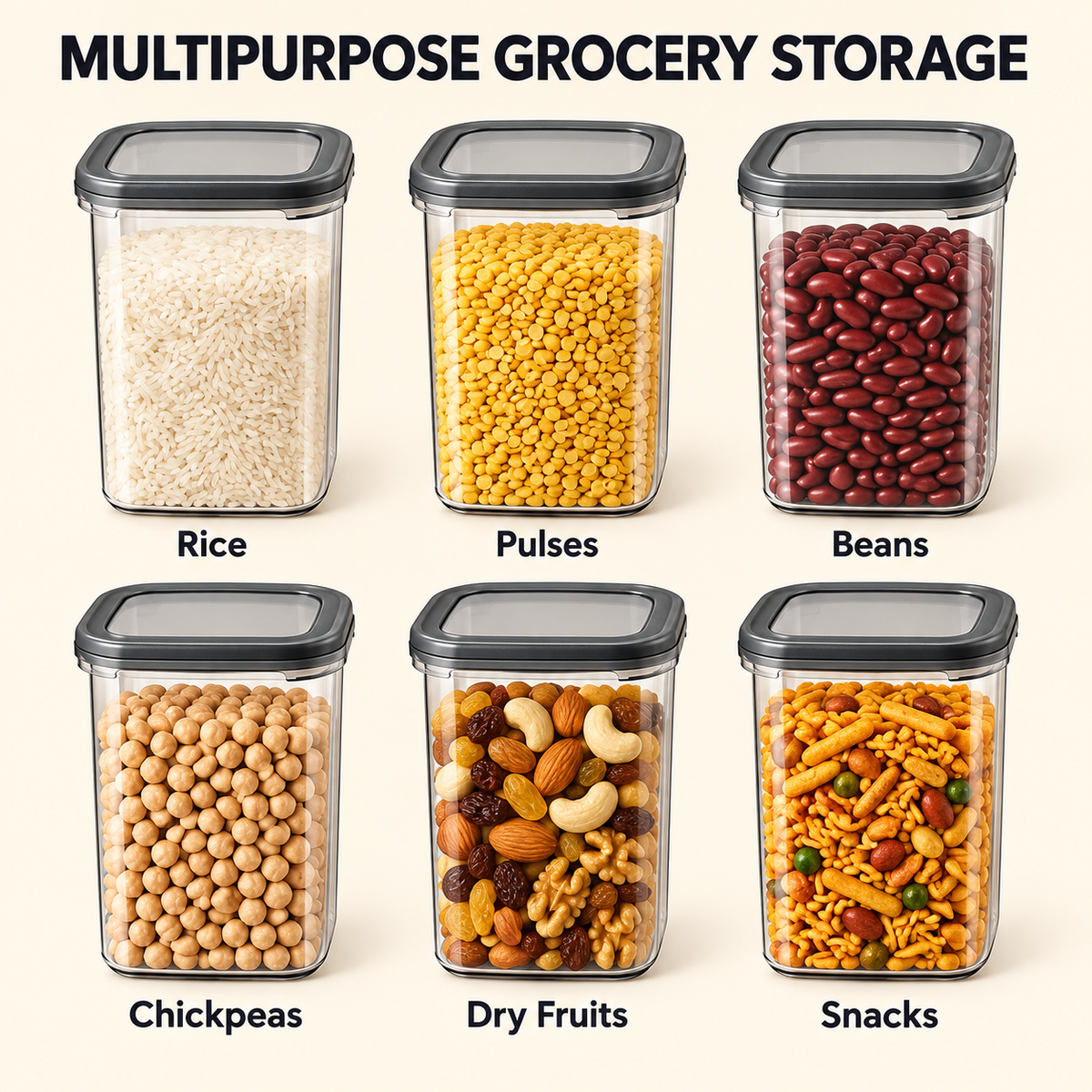Generic Plastic Grocery Storage Containers with Snap Caps, 1200 ml Each, Set of 6