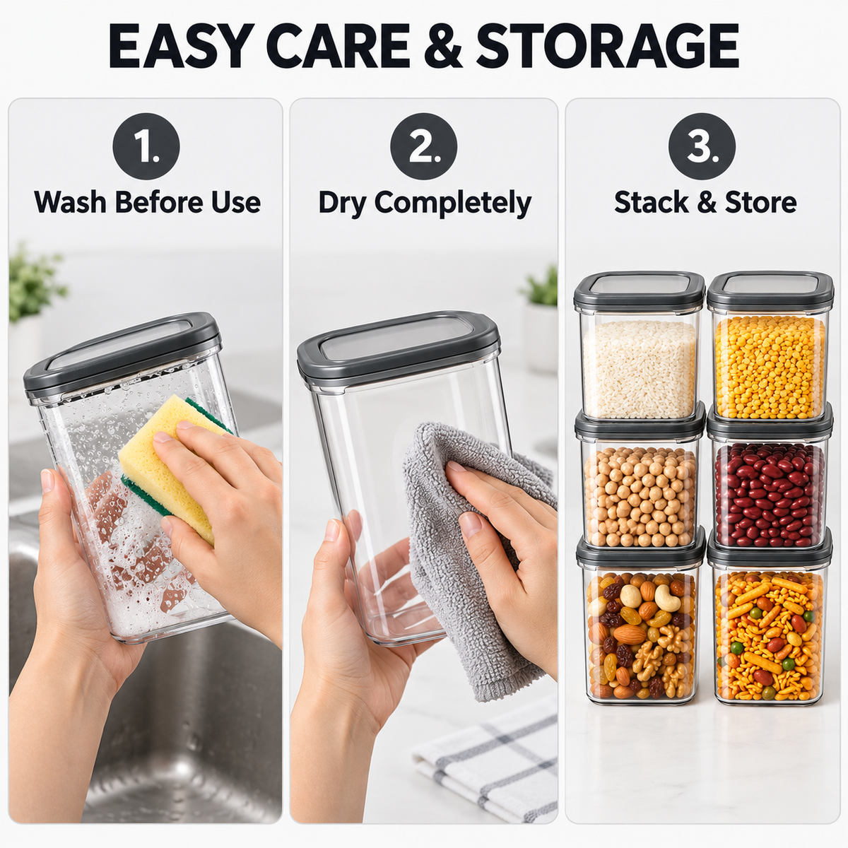 Generic Plastic Grocery Storage Containers with Snap Caps, 1200 ml Each, Set of 6