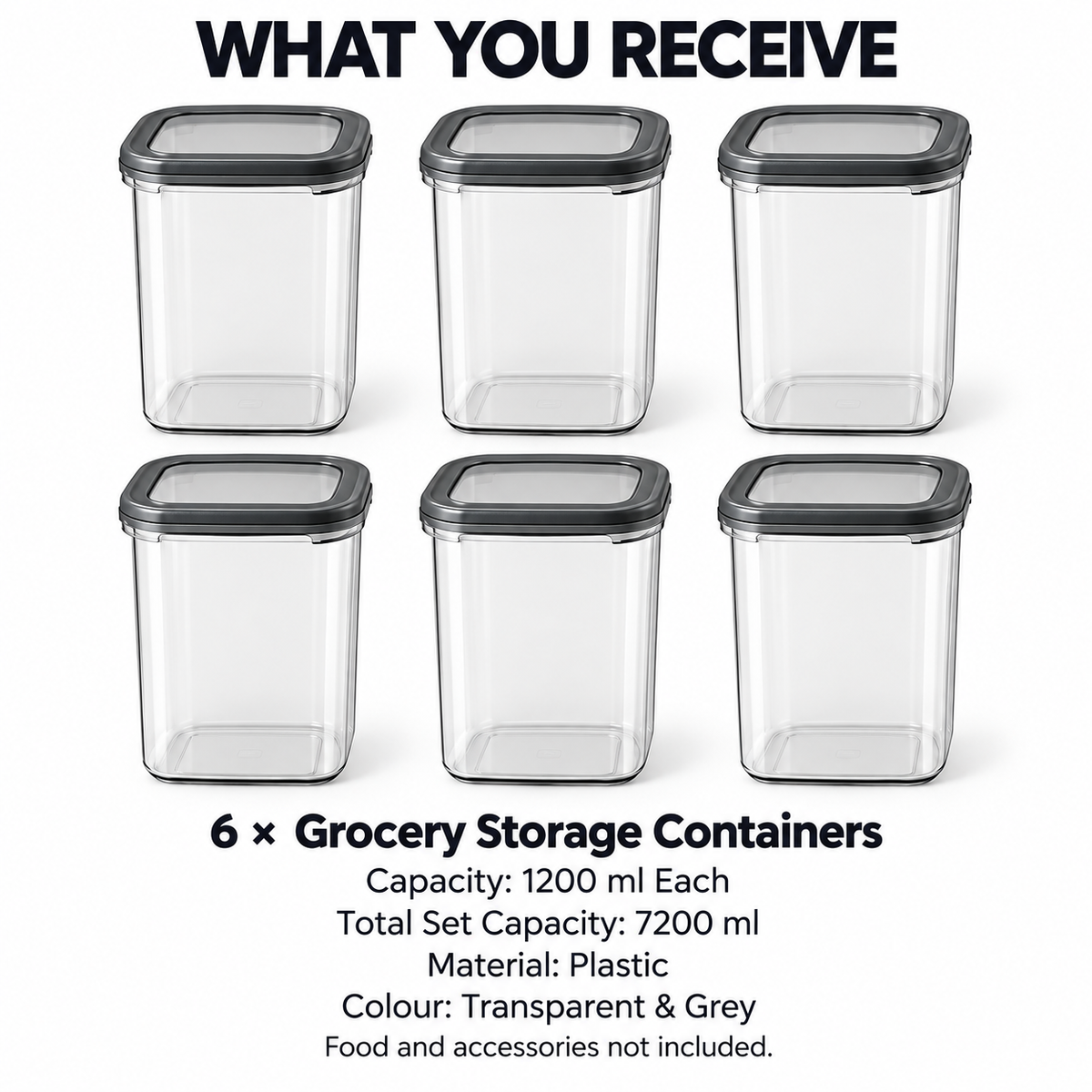 Generic Plastic Grocery Storage Containers with Snap Caps, 1200 ml Each, Set of 6