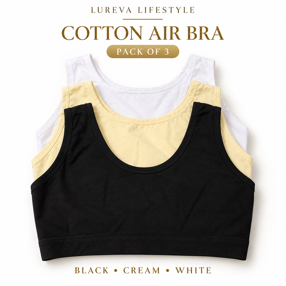 Women’s Cotton Air Bra Pack of 3 – White, Peach & Black