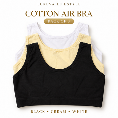 Women’s Cotton Air Bra Pack of 3 – White, Peach & Black