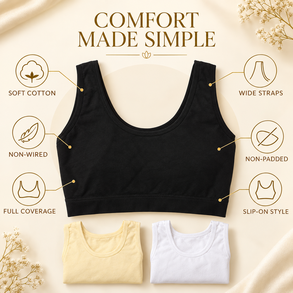 Women’s Cotton Air Bra Pack of 3 – White, Peach & Black