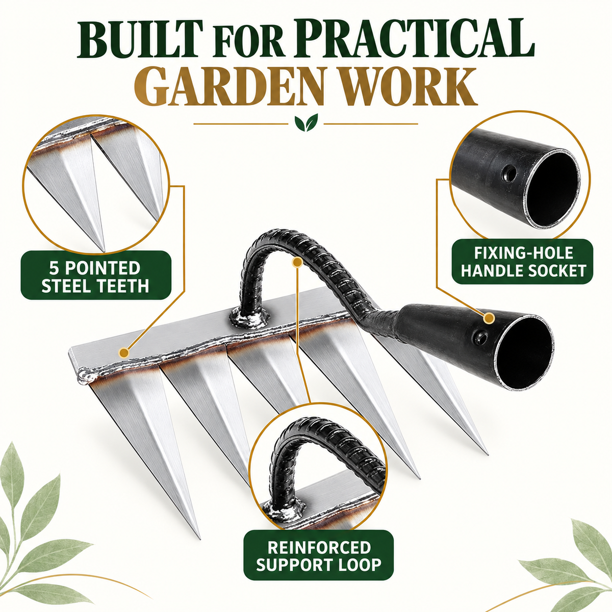 5-Tooth Carbon Steel Garden Weeding Rake Head for Soil Loosening