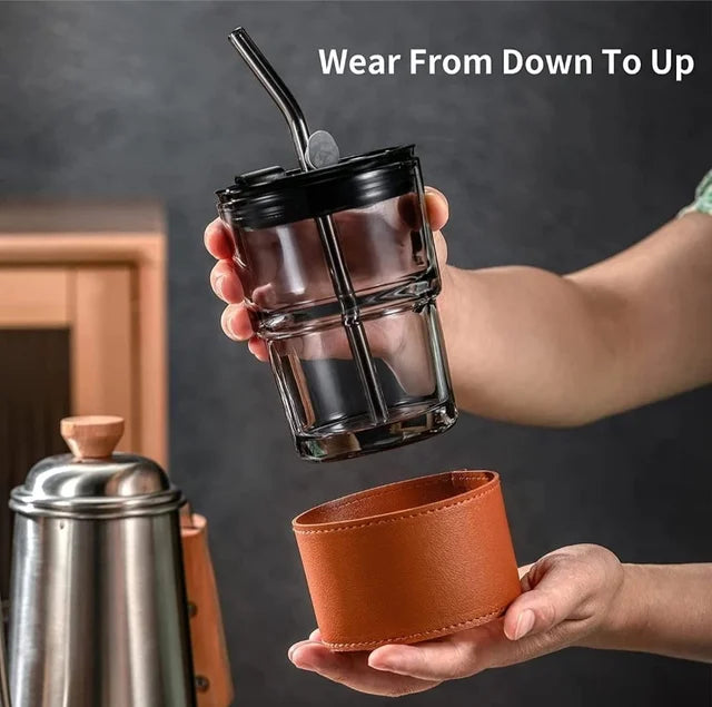 Transparent Tumbler with Glass Straw – 435 ml, Brown Sleeve