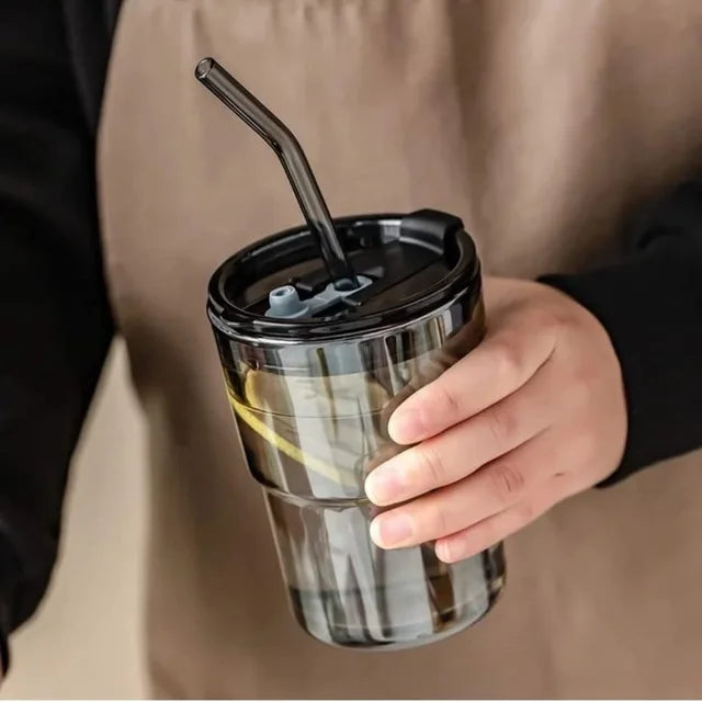 Transparent Tumbler with Glass Straw – 435 ml, Brown Sleeve