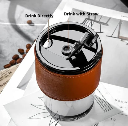 Transparent Tumbler with Glass Straw – 435 ml, Brown Sleeve